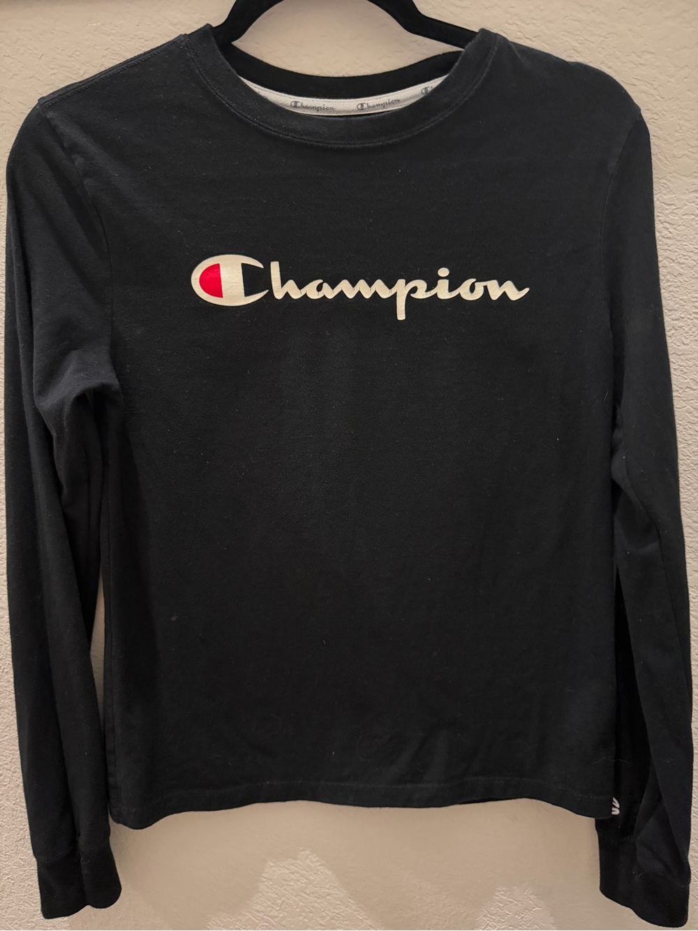 Champion Black Long-Sleeve Logo Tee with Red Accent